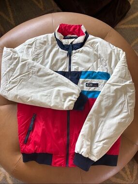 Faherty / CB Sports double stripe bomber in Arcadian White/ CB red